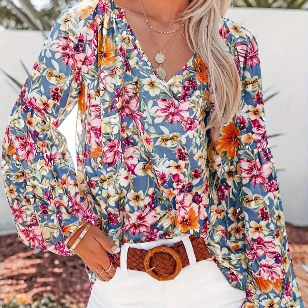 Floral boho V-Neck Blouse - Multicolor